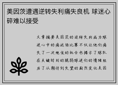 美因茨遭遇逆转失利痛失良机 球迷心碎难以接受