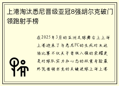 上港淘汰悉尼晋级亚冠8强胡尔克破门领跑射手榜