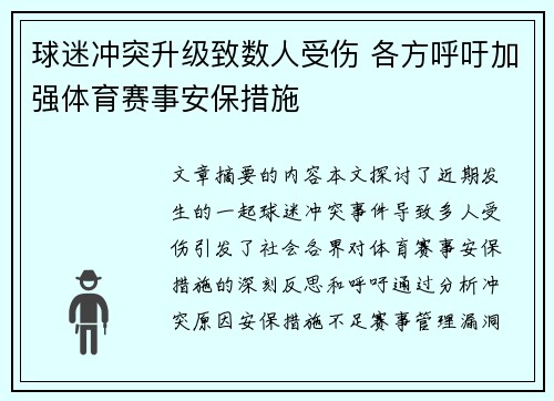 球迷冲突升级致数人受伤 各方呼吁加强体育赛事安保措施