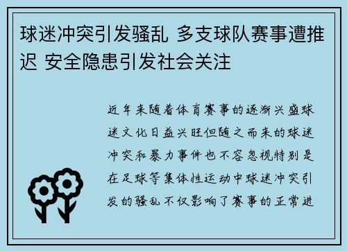 球迷冲突引发骚乱 多支球队赛事遭推迟 安全隐患引发社会关注